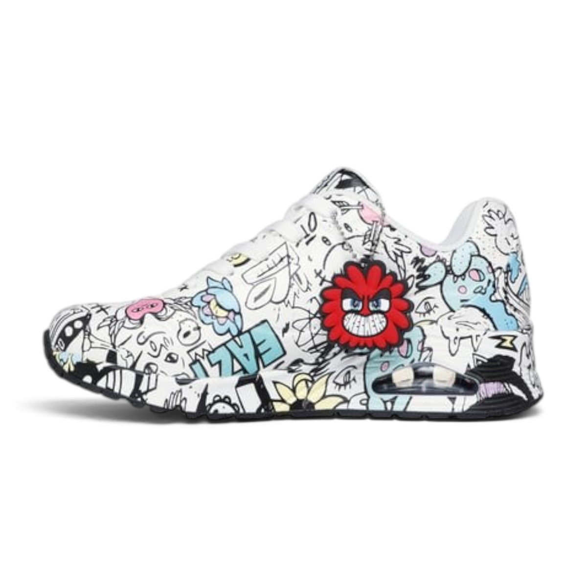 FRG UNO PROCESS SKETCH sneaker featuring white base with colourful graffiti-style cartoon illustrations and red charm