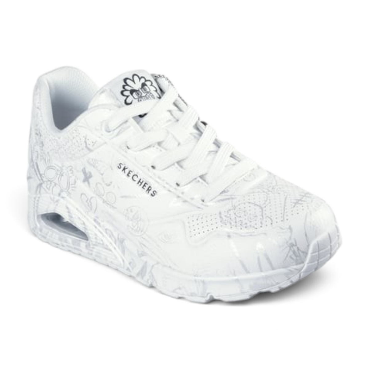 FRG UNO Process Sketch white sneaker with grey line art graphic print and visible air-cushioned heel