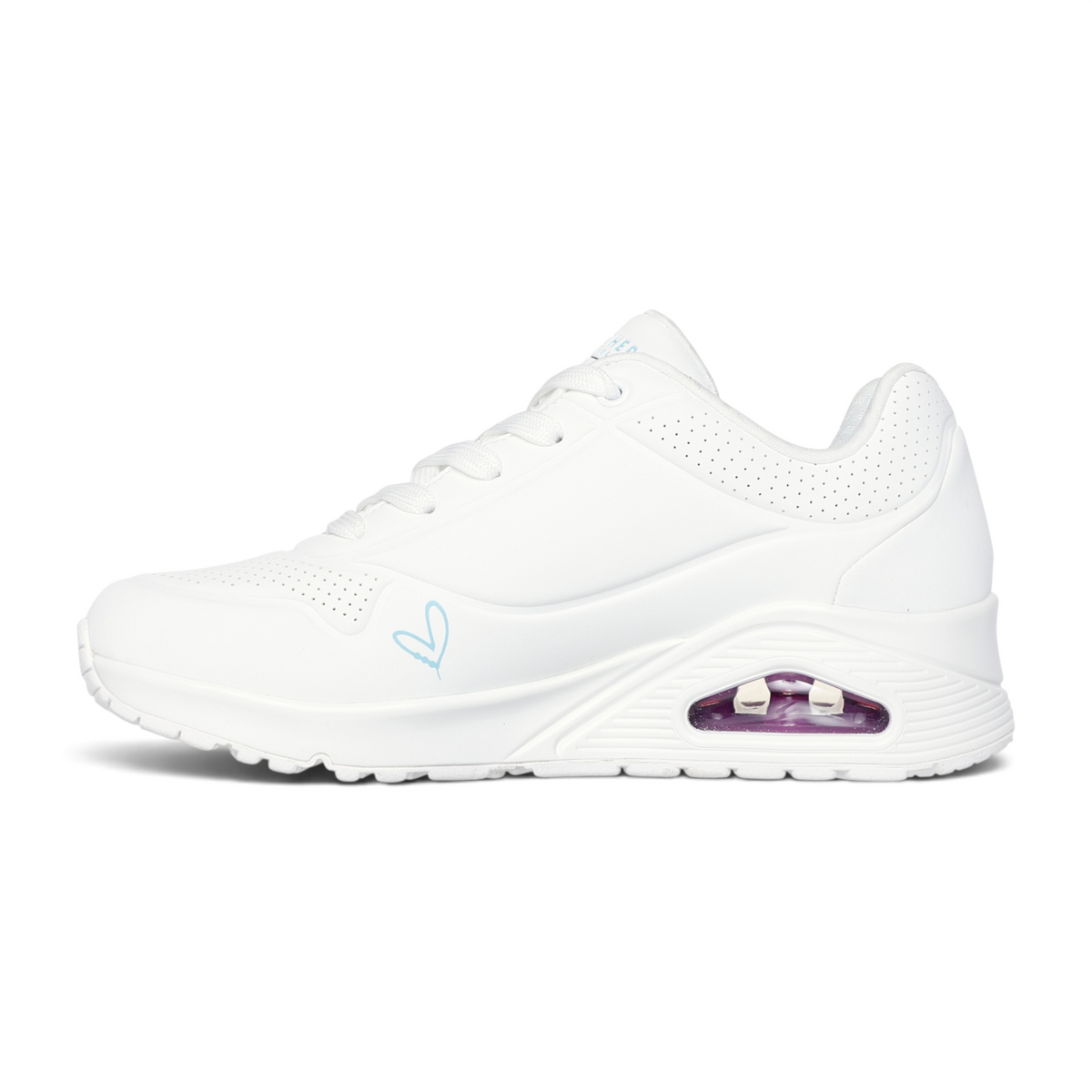 FRG UNO GOLDEN HEART white sneaker with a light blue heart outline and purple air-cushioned sole detail