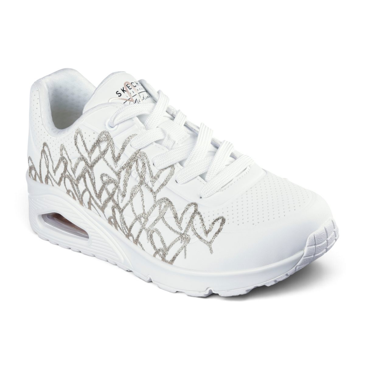 FRG UNO Golden Heart white sneaker with metallic gold heart pattern, lace-up closure, and cushioned air-cushion sole.