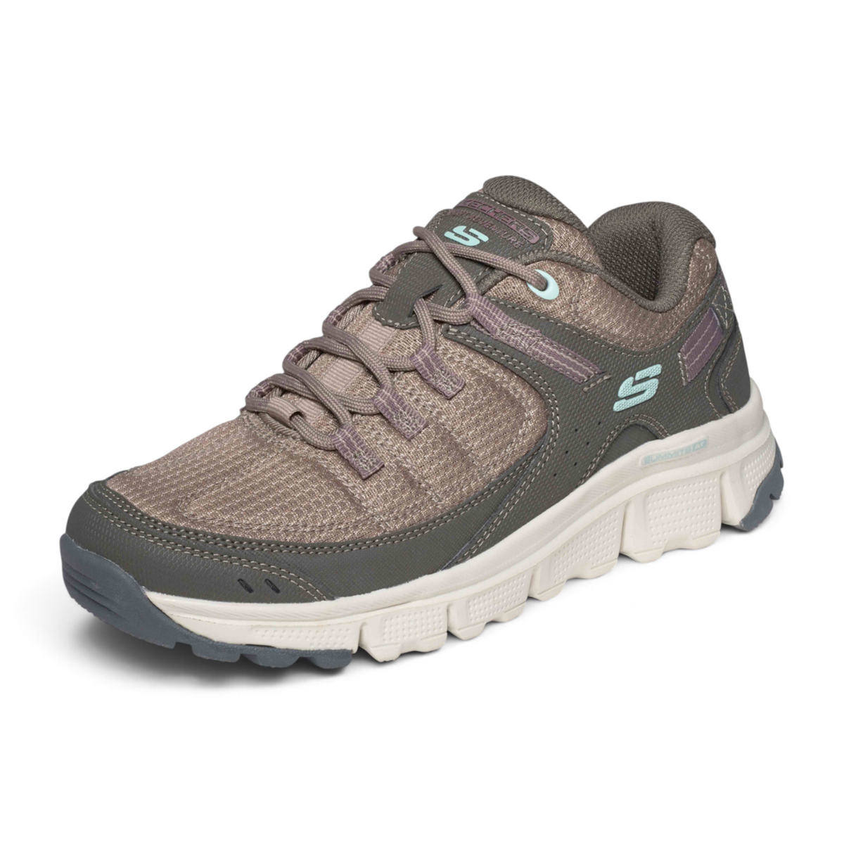 FRG SUMMITS AT women's trail sneaker in taupe mesh with teal accents and a cushioned white midsole
