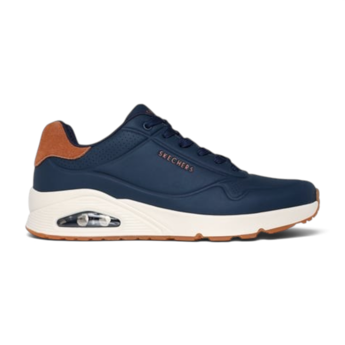 FRG UNO SUITED ON AIR navy blue sneaker with brown suede heel detail and white cushioned air-sole side view