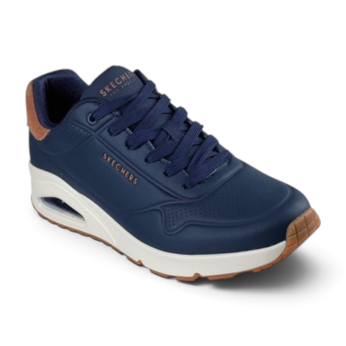 FRG UNO SUITED ON AIR navy blue synthetic leather sneaker with brown heel accent and white air-cushioned midsole