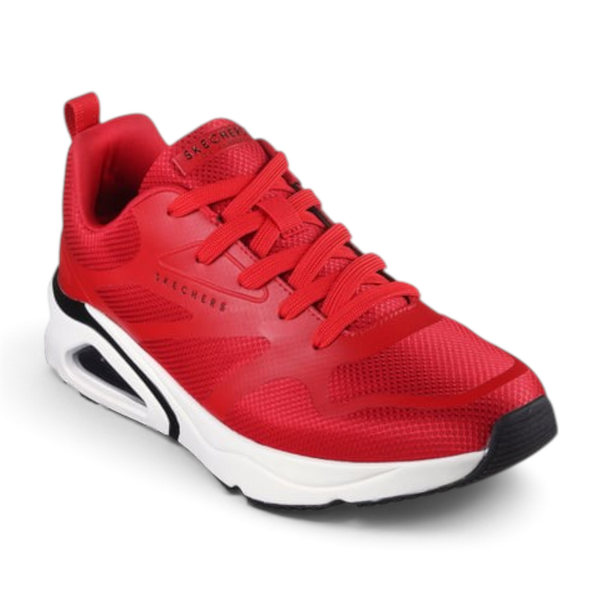 FRG Skechers TRES-AIR UNO red mesh sneakers with visible Skech-Air airbag midsole and memory foam insole.