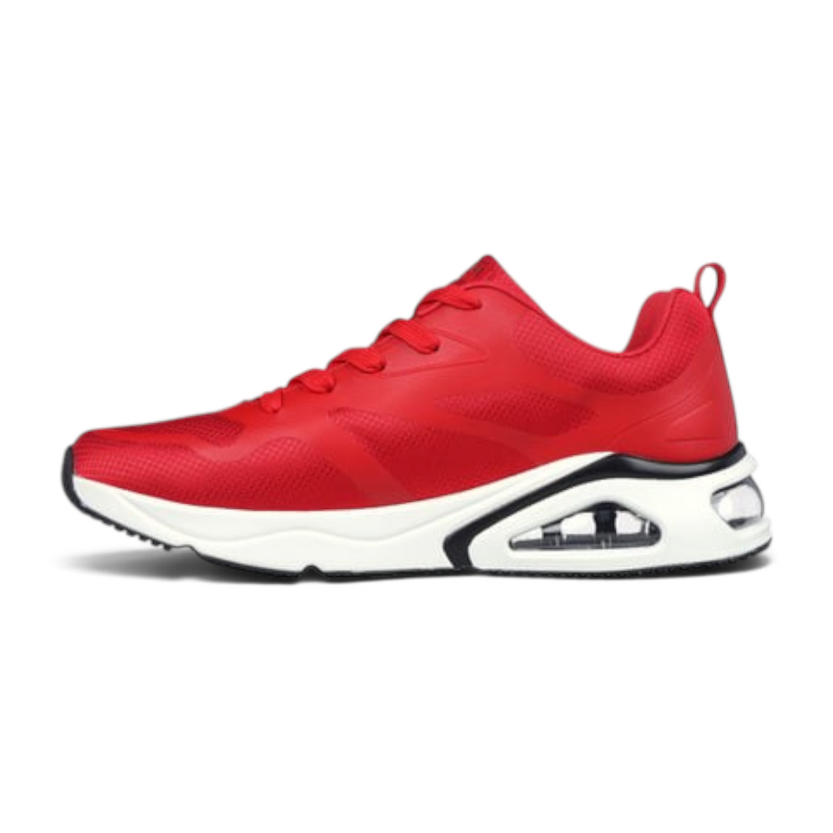 FRG Skechers Tres-Air Uno red athletic sneaker with visible Skech-Air airbag midsole and memory foam insole
