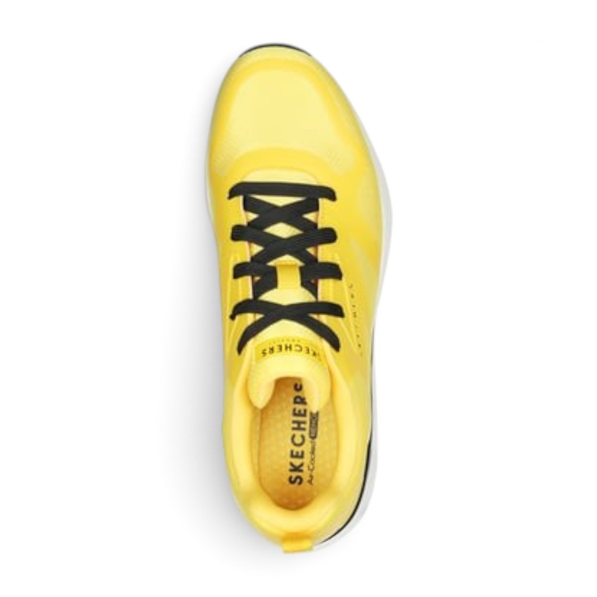 FRG Skechers Tres-Air Uno yellow sneaker with black laces and visible air-cooled memory foam insole, top view