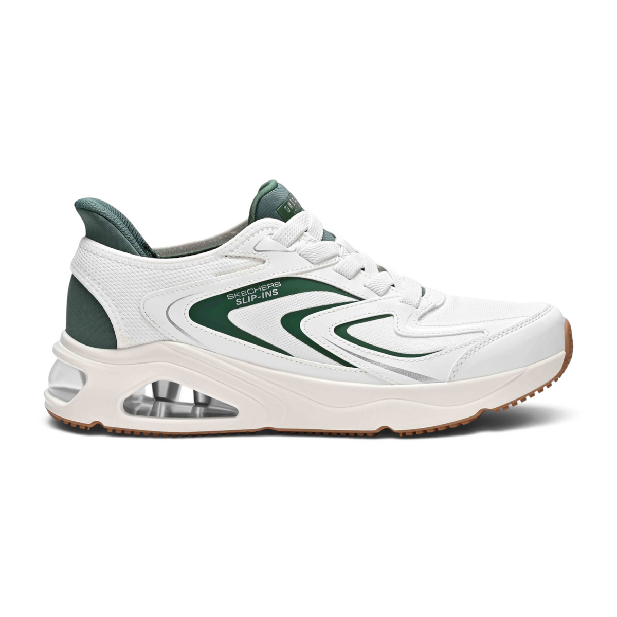 FRG TRES-AIR UNO VISION-AIRY SL white and dark green slip-in athletic sneaker with a visible air-cushioned heel