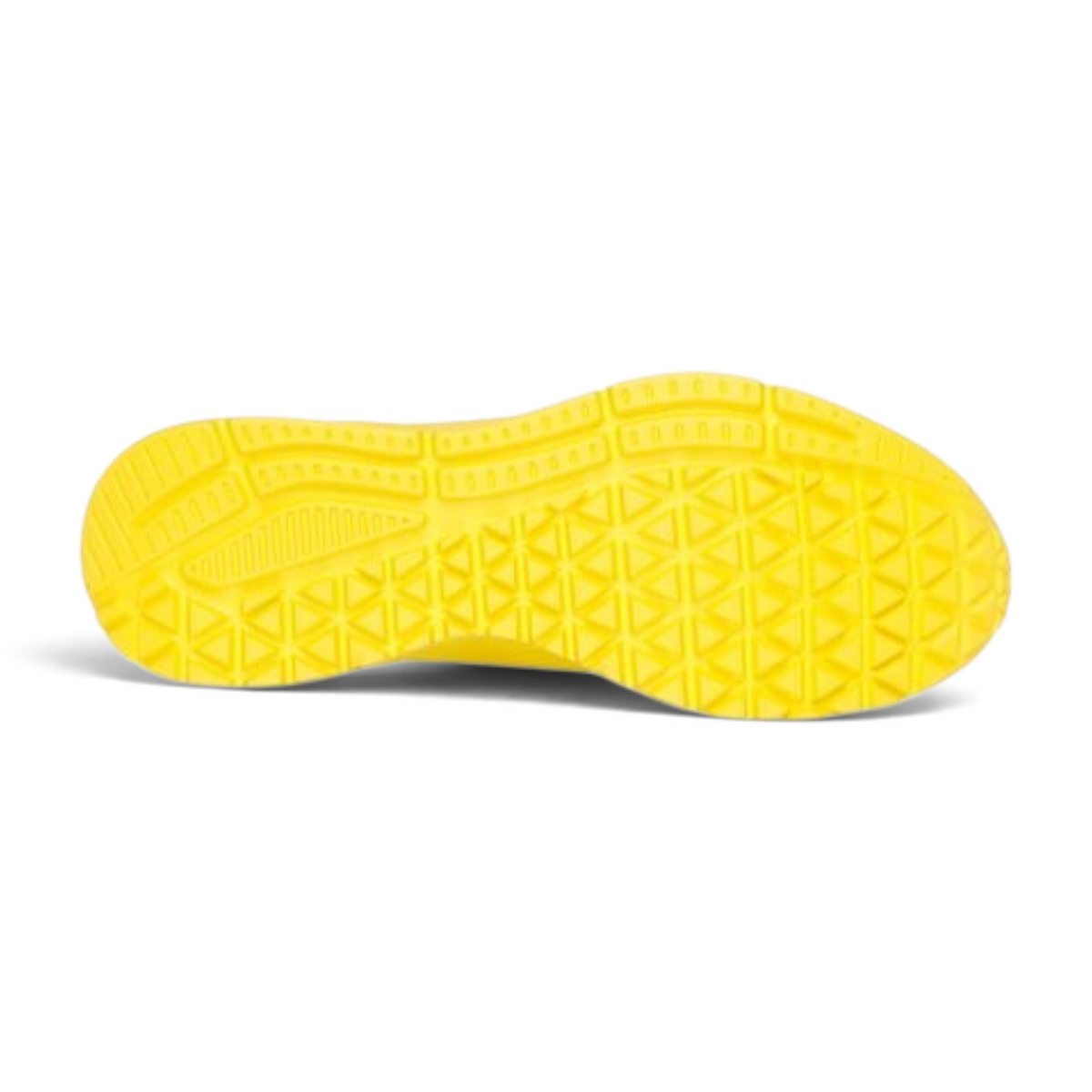 FRG UNO LITE yellow sneaker showing the textured rubber outsole with geometric grip pattern