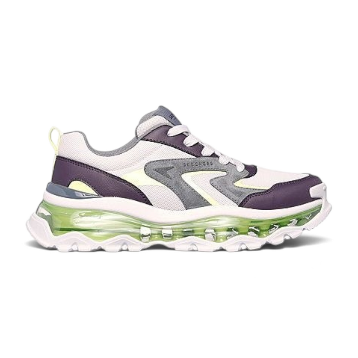 FRG UNO CHAOS ICONIC SONIC sneakers in white, purple, and lime green with a chunky translucent sole