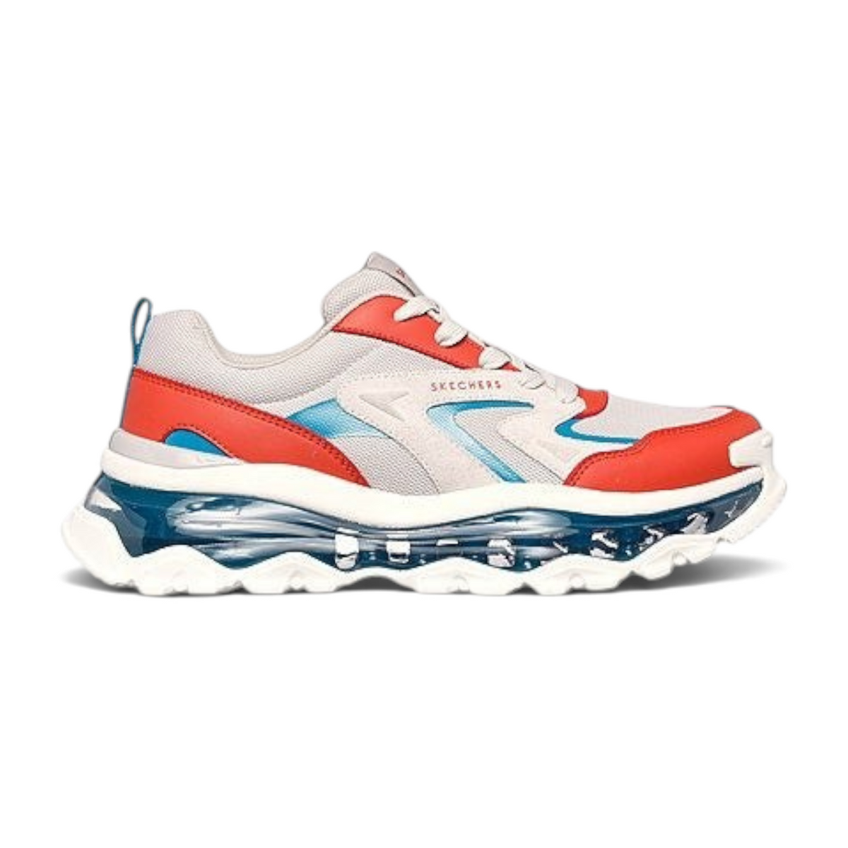 FRG UNO CHAOS ICONIC SONIC sneakers featuring a white mesh upper, orange overlays, and a chunky blue translucent sole.