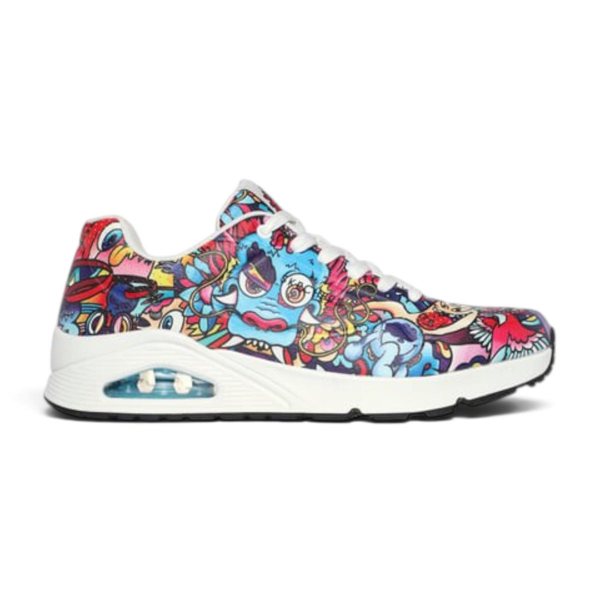 FRG VEXX UNO COLOR DOODLE sneaker featuring a vibrant multi-colored cartoon doodle print and white air sole unit.