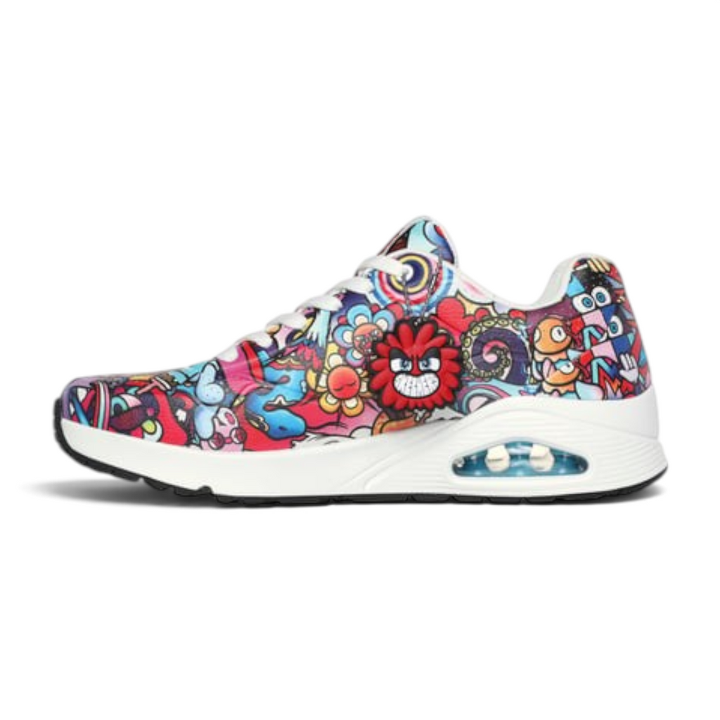 FRG VEXX UNO COLOR DOODLE sneaker featuring vibrant multi-colored cartoon character print and white midsole