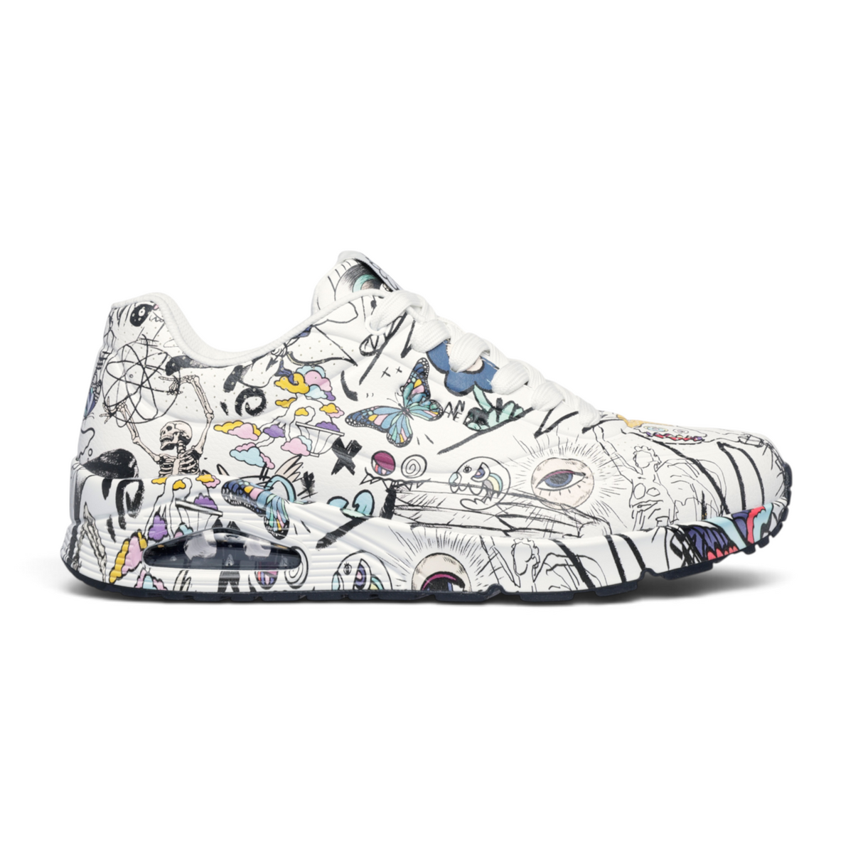 FRG Skechers UNO Process Sketch sneaker with white synthetic durabuck upper featuring vibrant Vexx doodle art prints.