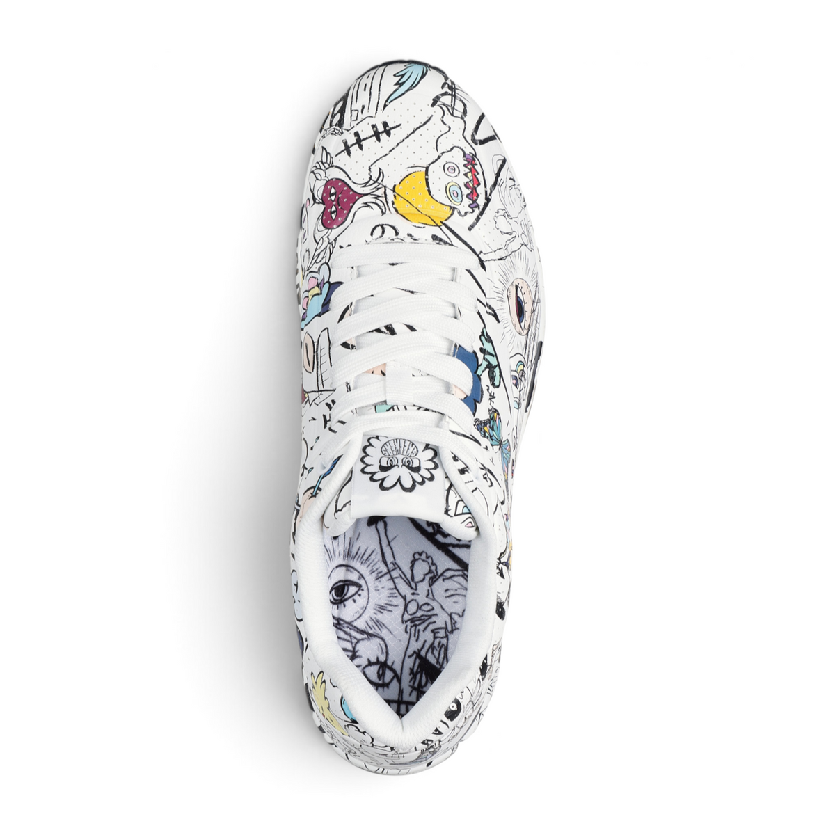 FRG Skechers UNO Process Sketch sneaker with white synthetic durabuck upper featuring vibrant Vexx doodle art prints