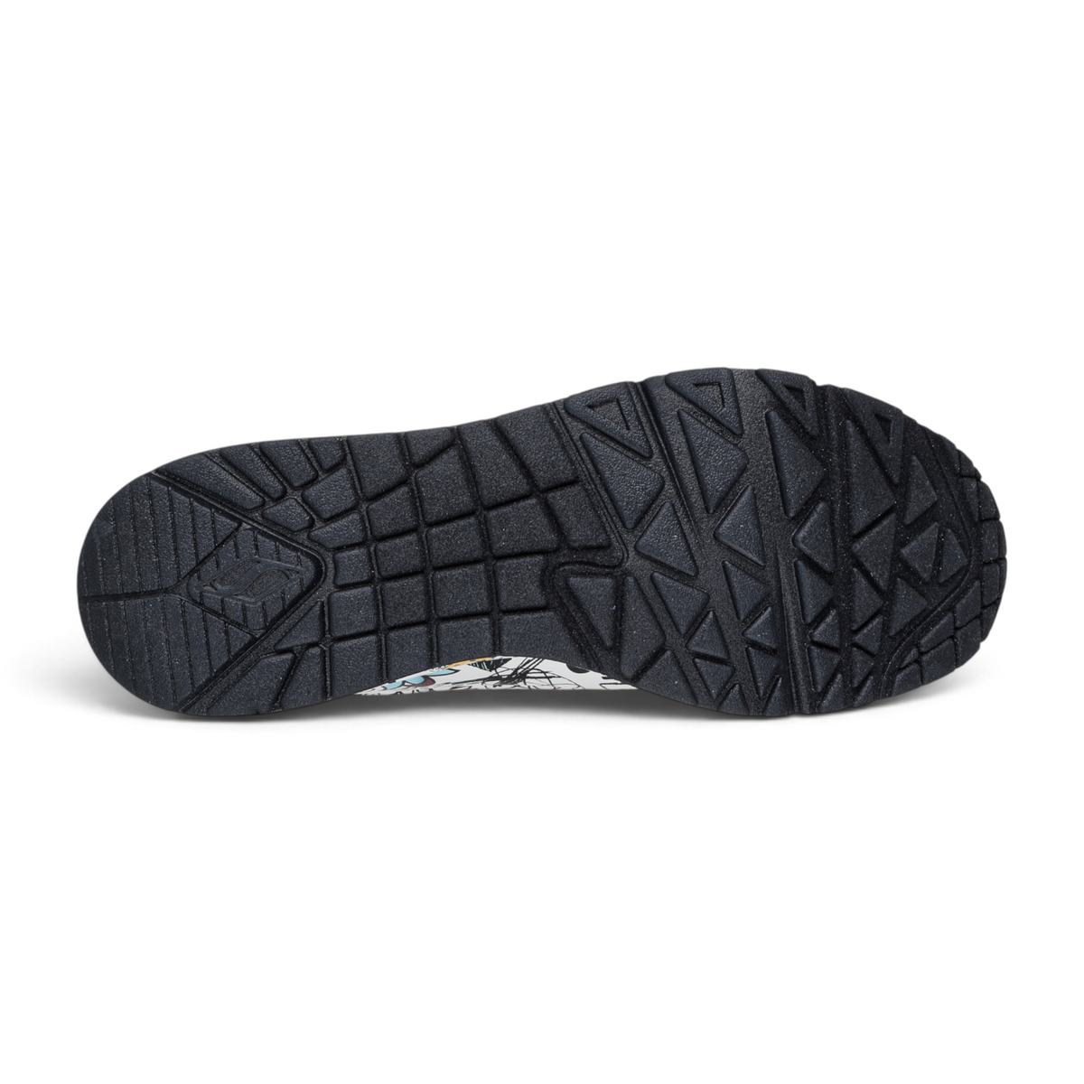 FRG Skechers UNO Process Sketch sneaker showing the black rubber outsole with a textured geometric tread pattern.