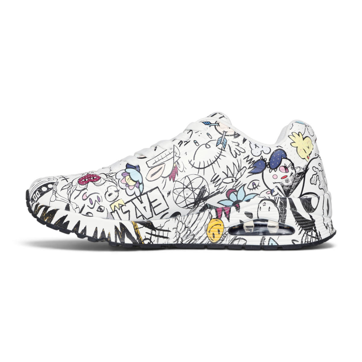 FRG Skechers UNO Process Sketch sneaker with white synthetic durabuck upper featuring vibrant Vexx doodle art prints.