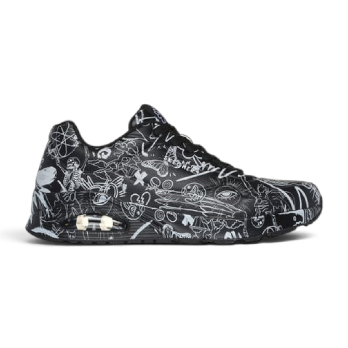 FRG VEXX UNO PROCESS SKETCH sneaker featuring a black upper with white hand-drawn doodle art and a visible air unit.