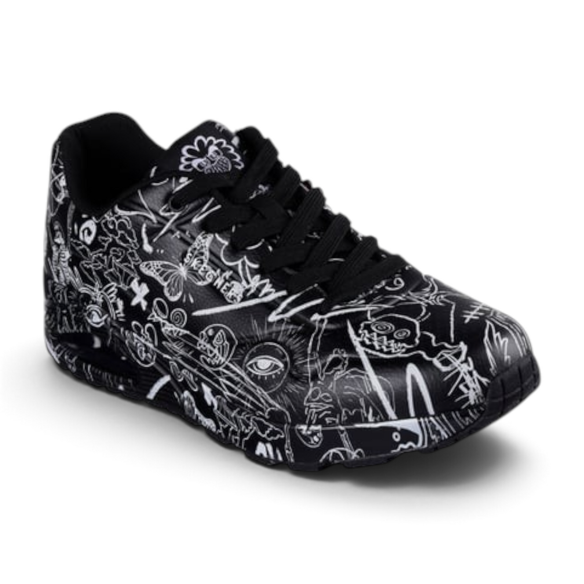 FRG VEXX UNO PROCESS SKETCH sneaker featuring a black and white doodle-style graphic print on a synthetic upper