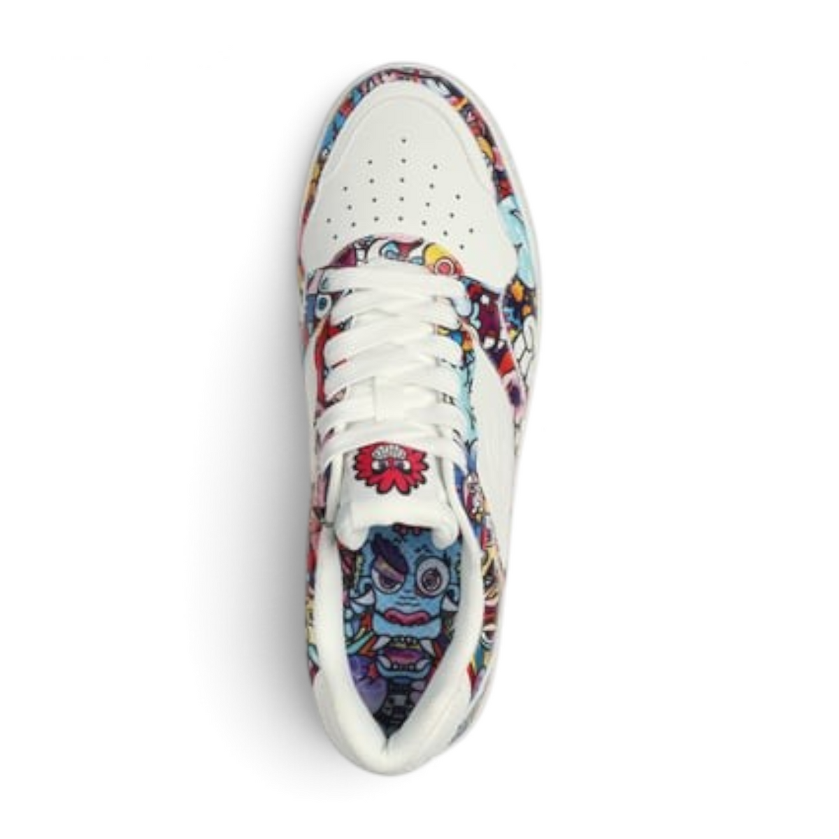 FRG VEXX Koopa Volley sneaker featuring a white base with vibrant, multi-colored doodle art and graphic patterns.