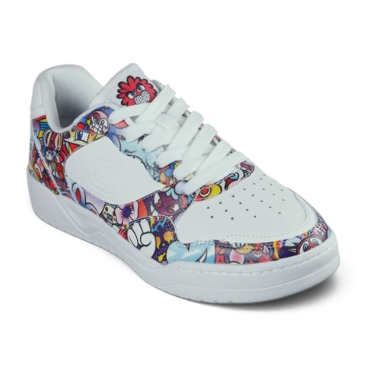 FRG VEXX Koopa Volley doodle print sneakers featuring vibrant multi-colored cartoon patterns on white leather