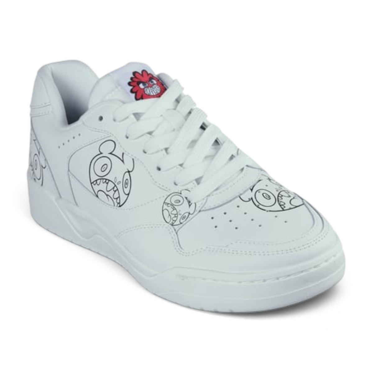 FRG VEXX Koopa Volley Vexx Gasp white leather sneakers featuring black doodle character art and red tongue logo