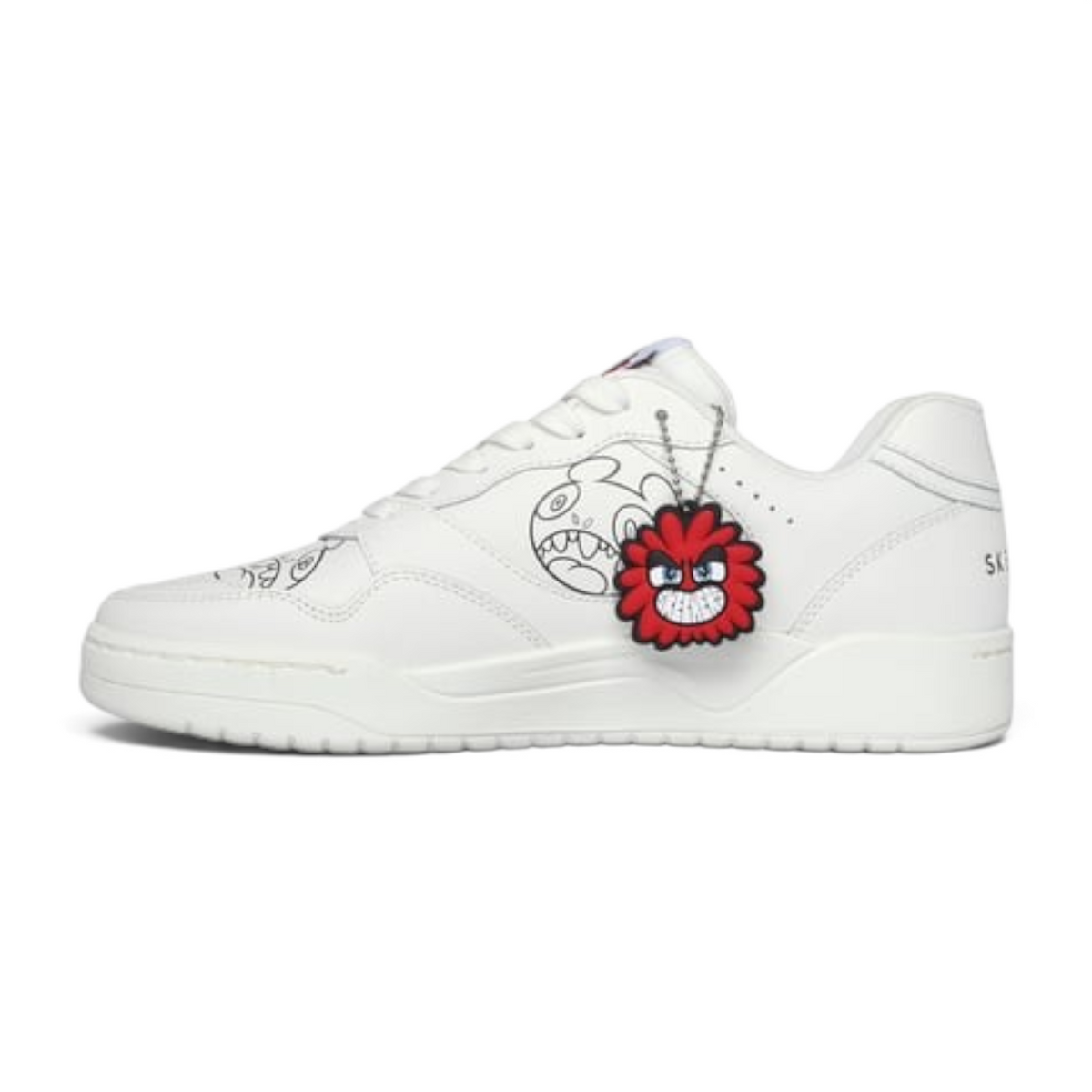 FRG VEXX KOOPA white leather sneakers featuring black doodle art and a red character keychain on the side