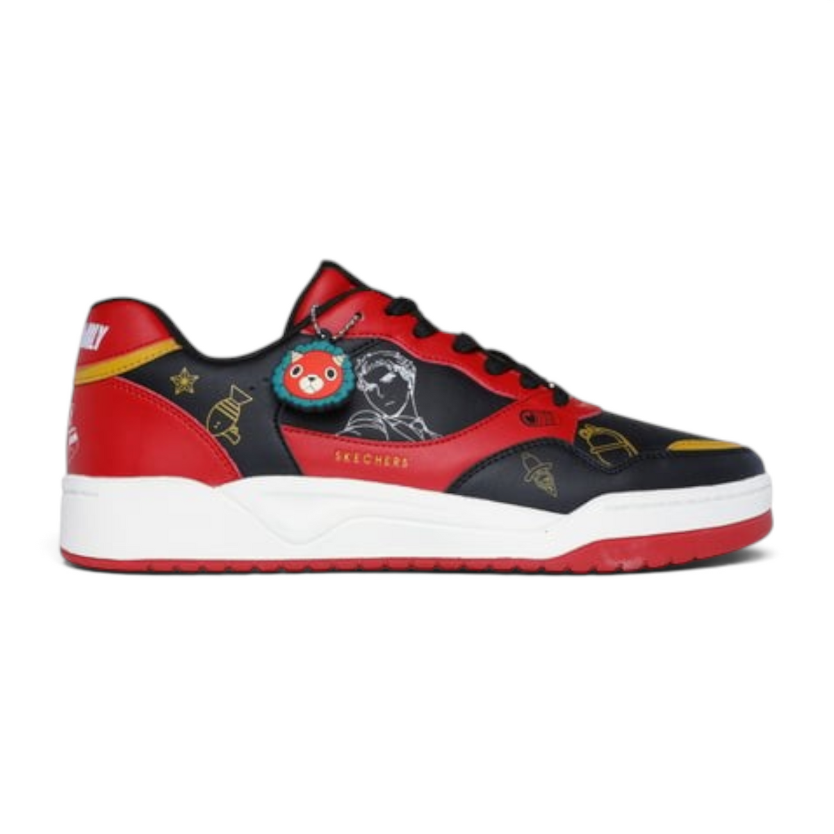FRG KOOPA Spy x Family sneaker in black and red with character graphics and a decorative lion charm