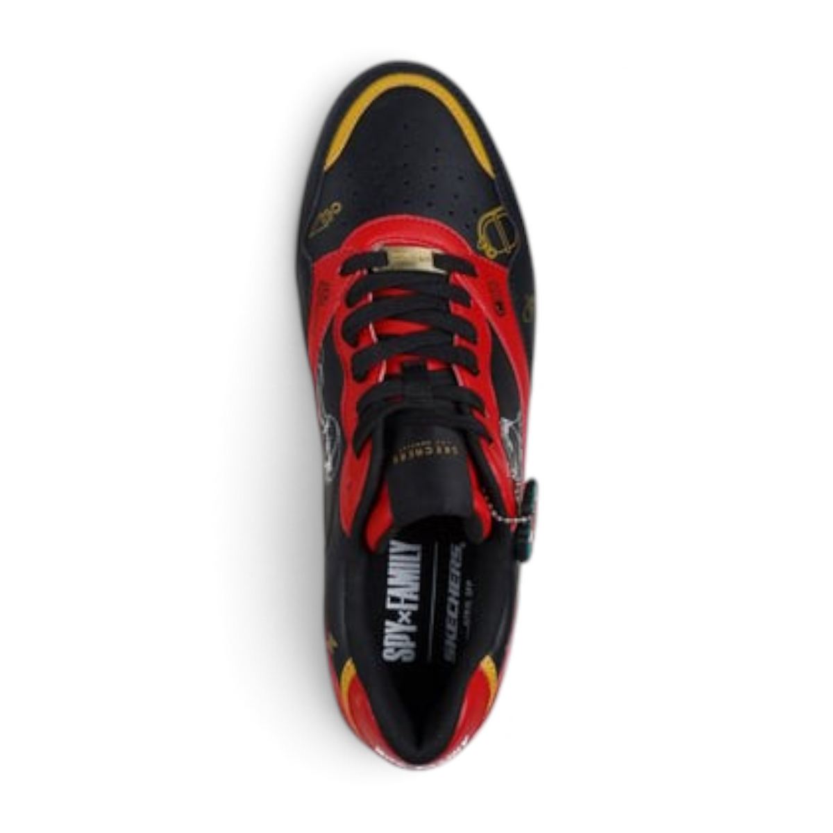 FRG KOOPA Spy x Family sneaker in black and red with gold character graphics and lace-up design, top-down view