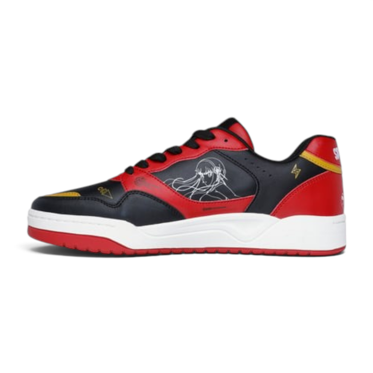 FRG KOOPA Spy x Family sneakers in black and red leather with white character line art and gold accents