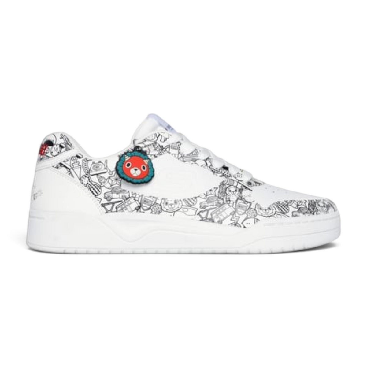 FRG KOOPA Spy x Family white sneakers featuring black and white character print and a red lion charm
