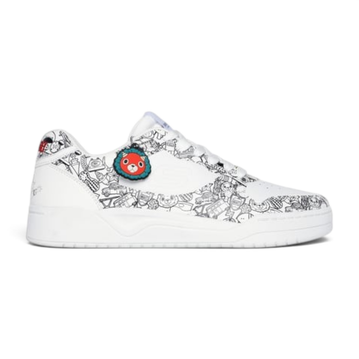 FRG KOOPA Spy x Family white sneakers featuring black and white character print and a red lion charm
