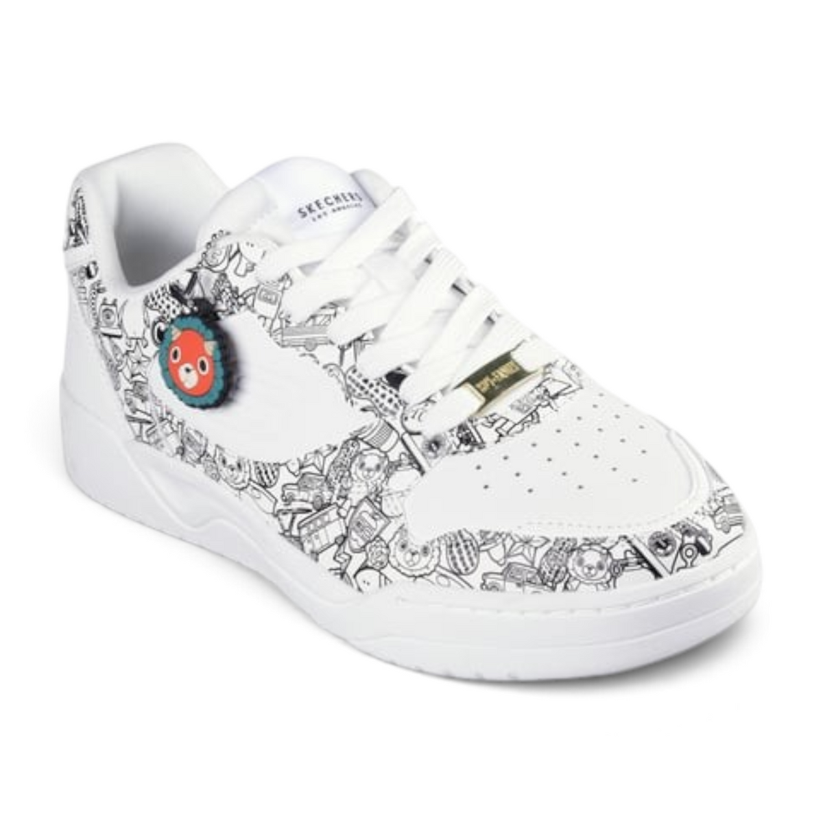 FRG KOOPA Spy x Family white sneakers featuring black and white character print and a small red mascot charm