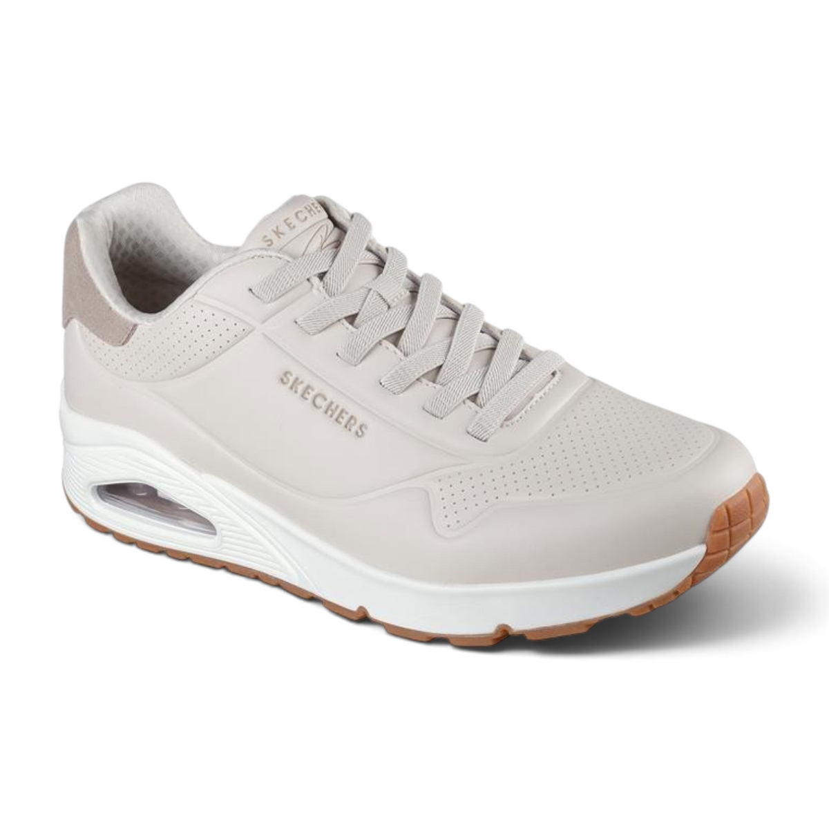 FRG Skechers Uno Retro One taupe sneaker with debossed durabuck upper and visible air-cushioned midsole