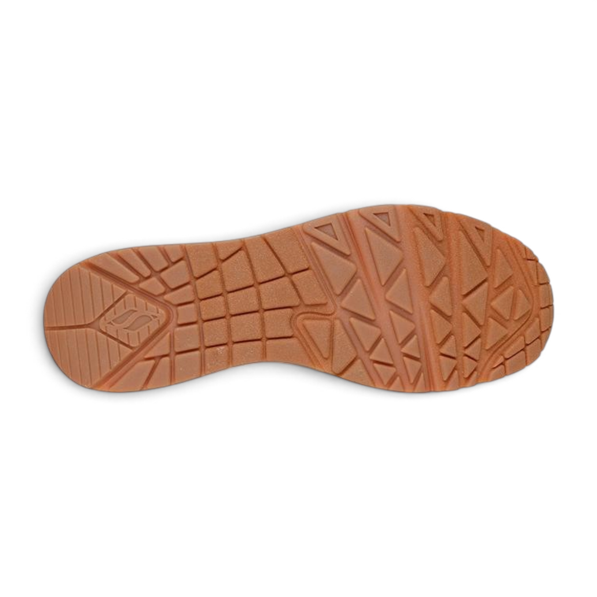 FRG Skechers Uno Retro One taupe sneaker showing the brown rubber traction outsole with a grid pattern