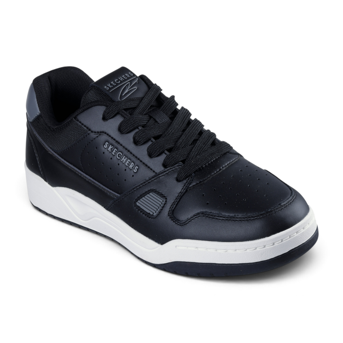 FRG Skechers Koopa Harry Kane Court black leather lace-up sneaker with white midsole and cushioned memory foam insole