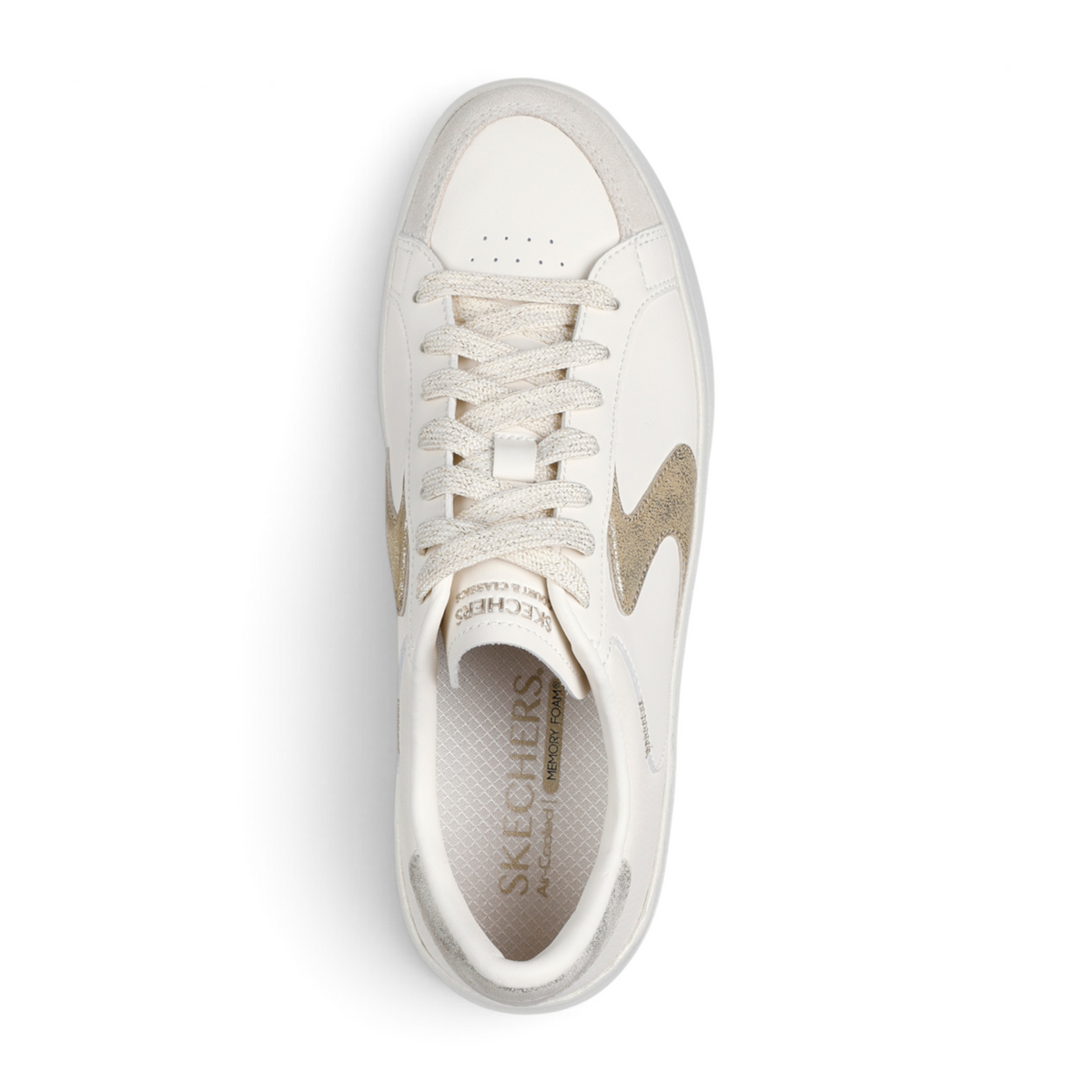 FRG Skechers Hiland Quite Chic white lace-up sneaker with metallic gold trim and cushioned memory foam insole