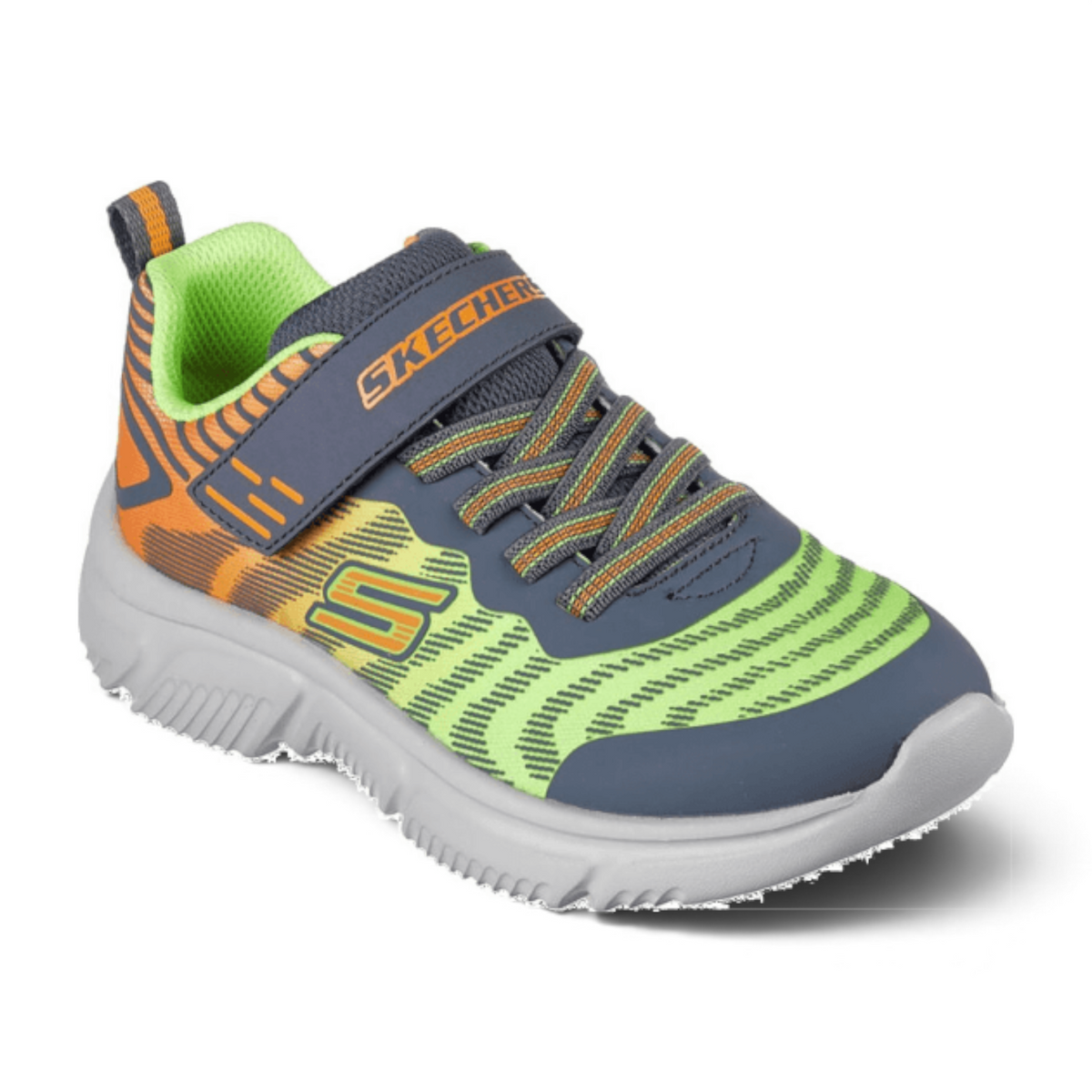 FRG Skechers GO RUN 650 kids sneakers in grey, lime green, and orange with a hook-and-loop strap and mesh upper