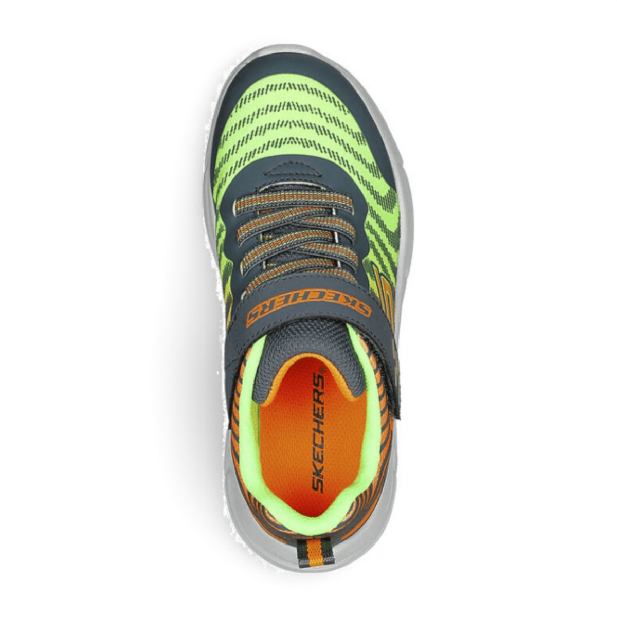 FRG GO RUN 650 kids running shoe in charcoal grey with neon green patterns and bright orange interior lining