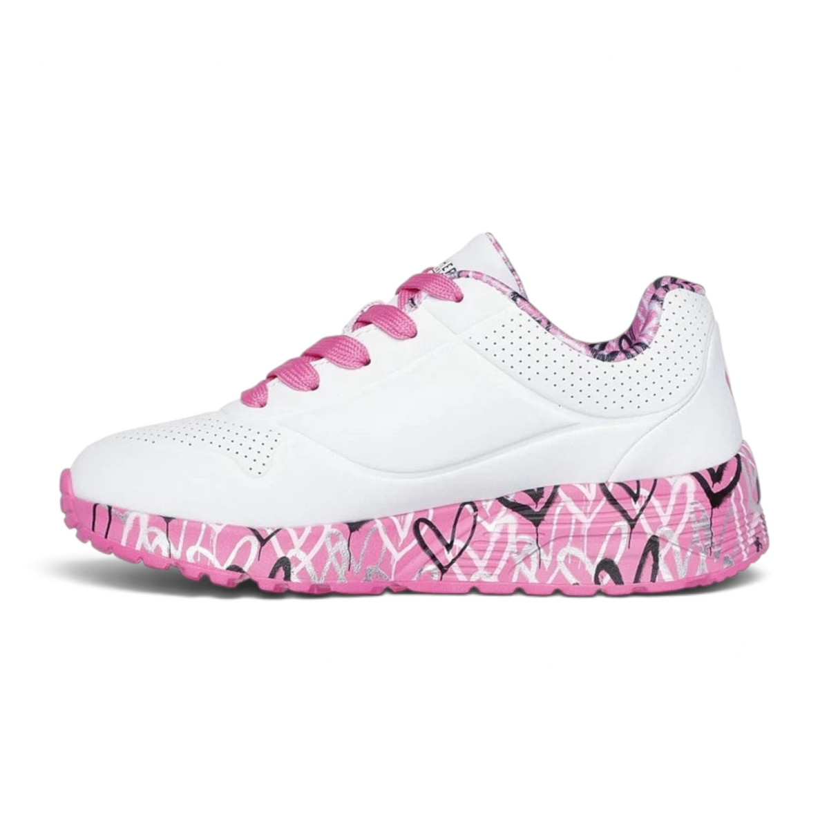 FRG kids' Skechers x JGoldcrown Uno Lite sneakers in white with hot pink laces and heart-patterned soles