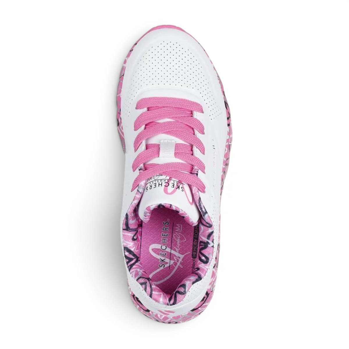 FRG kids' Skechers x JGoldcrown Uno Lite white lace-up sneakers with hot pink heart pattern and pink laces