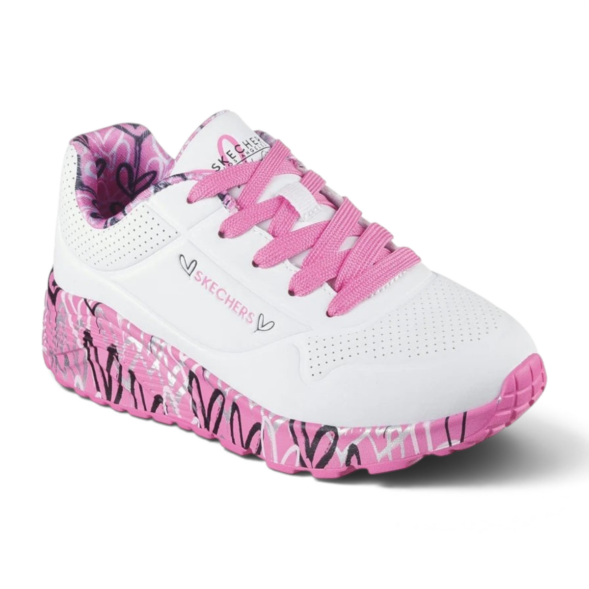 FRG kids' Skechers x JGoldcrown white lace-up sneakers with hot pink heart artwork and matching pink laces