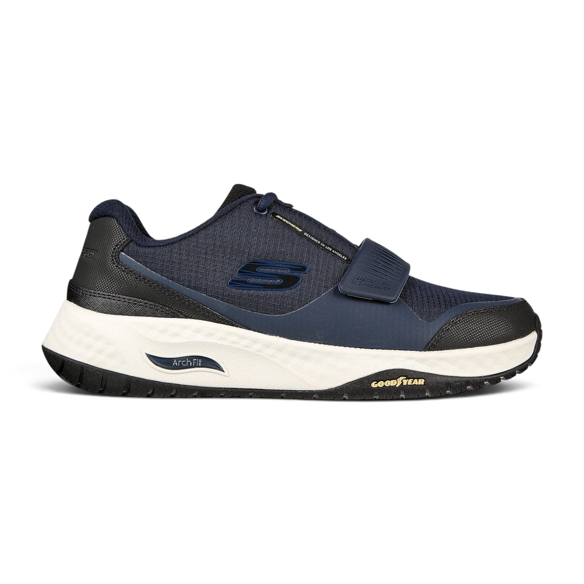 FRG Arch Fit Multi Sport navy blue athletic sneaker with a hook-and-loop strap and Goodyear performance outsole.