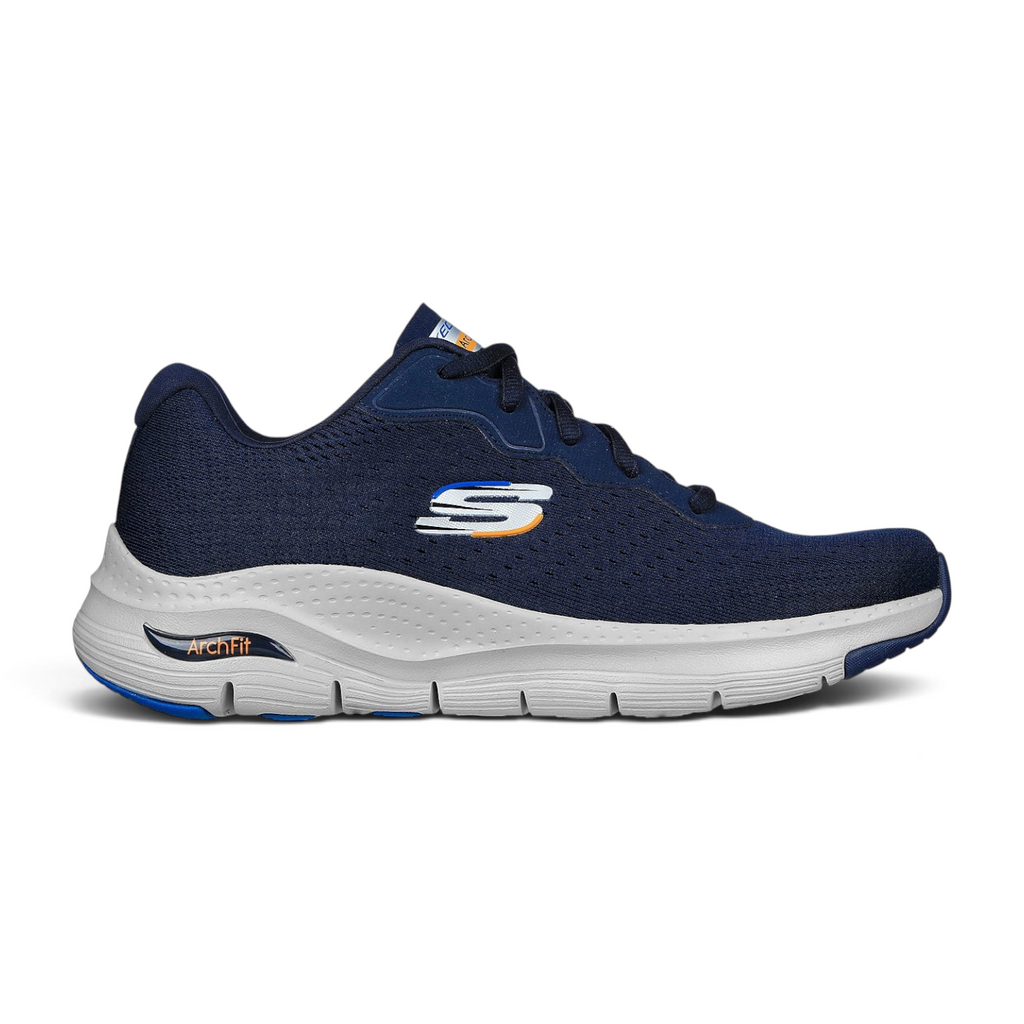 FRG ARCH FIT navy blue athletic sneaker with breathable mesh upper and supportive white cushioned midsole