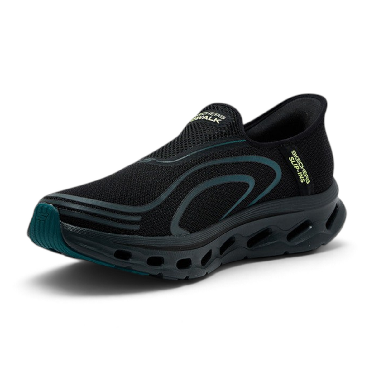FRG Skechers GO Walk Glide-Step 2.0 black slip-on walking shoe with mesh upper and cushioned geometric sole