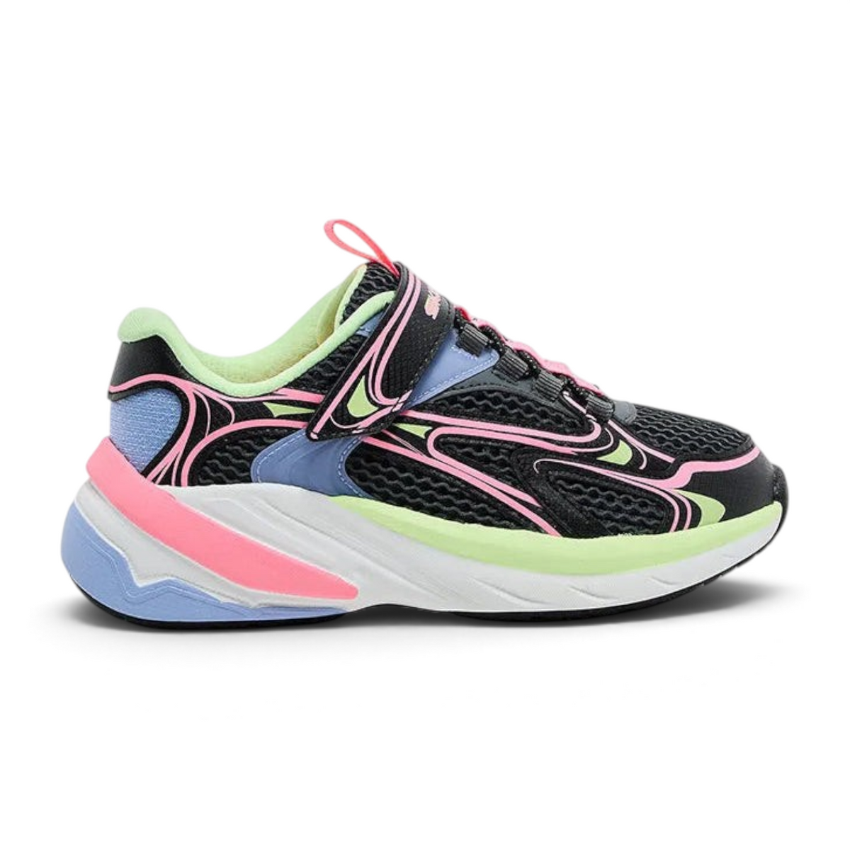 FRG S2K sneakers featuring a black mesh upper with neon pink and light blue accents and a convenient velcro closure