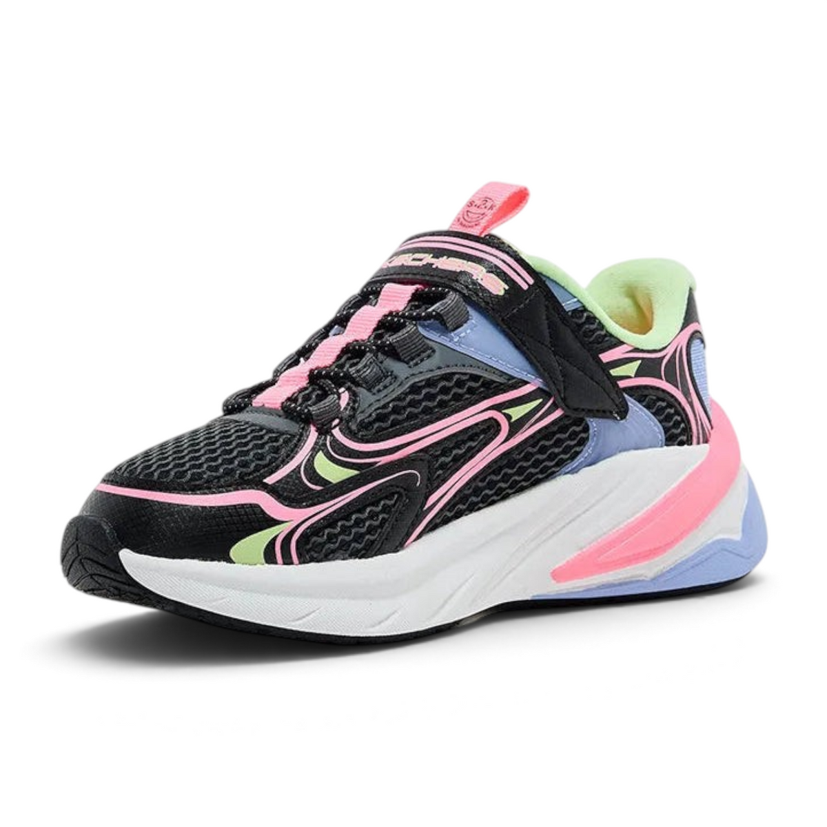 FRG S2K kids sneaker in black mesh with neon pink, light blue, and lime green accents and velcro closure