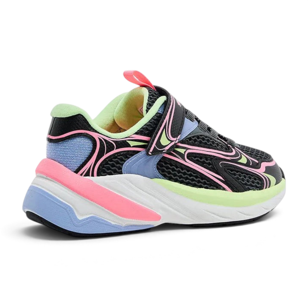 FRG S2K sneakers in black mesh with neon pink, blue, and lime green accents and a convenient velcro closure strap
