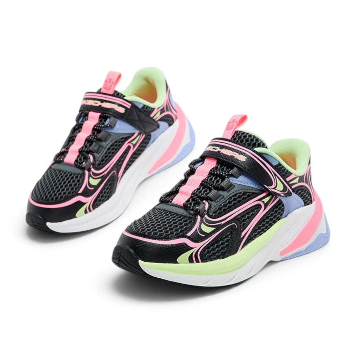 FRG S2K kids sneakers in black mesh with neon pink, blue, and lime green accents and a convenient velcro closure