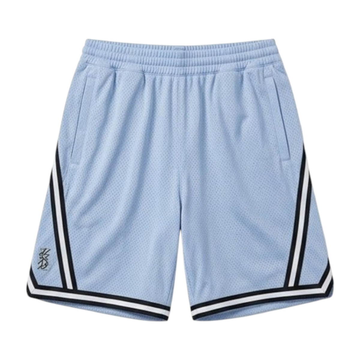 FRG ANTA baby blue basketball knit shorts with breathable mesh fabric, elastic waistband, and black side stripes.