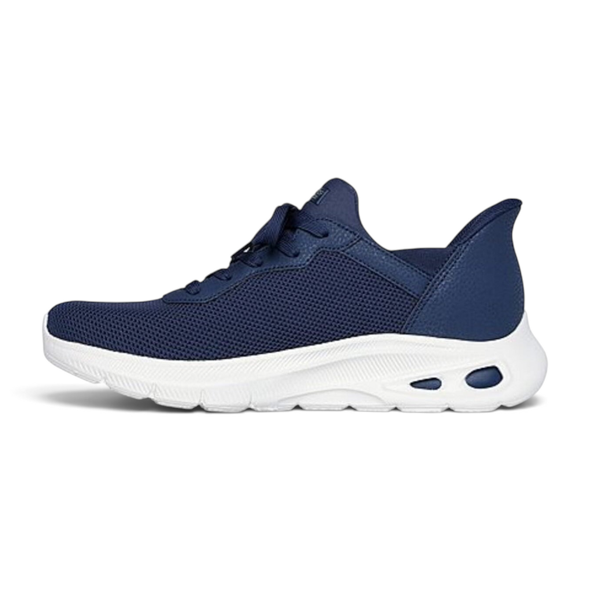 FRG BOBS UNITY navy blue mesh athletic sneaker with a white cushioned sole and side profile view